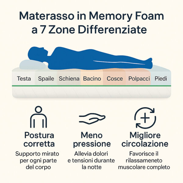 Materasso Memory Foam H25 cm – Memory Massaggiante 5 cm - Tessuto Silver Ioni d'Argento - 7 Zone Differenziate - Made in Italy - Cuscini Fiocco di Memory Inclusi – Dispositivo Medico - immagine 5