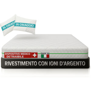 Materasso Memory Foam H25 cm – Memory Massaggiante 5 cm - Tessuto Silver Ioni d'Argento - 7 Zone Differenziate - Made in Italy - Cuscini Fiocco di Memory Inclusi – Dispositivo Medico