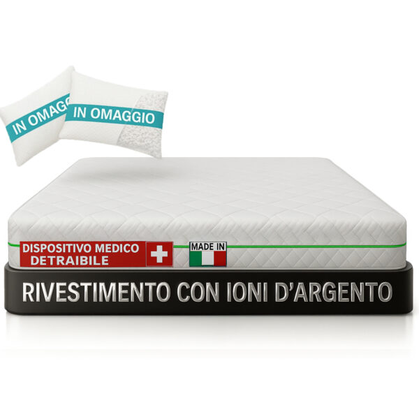 Materasso Memory Foam H25 cm – Memory Massaggiante 5 cm - Tessuto Silver Ioni d'Argento - 7 Zone Differenziate - Made in Italy - Cuscini Fiocco di Memory Inclusi – Dispositivo Medico